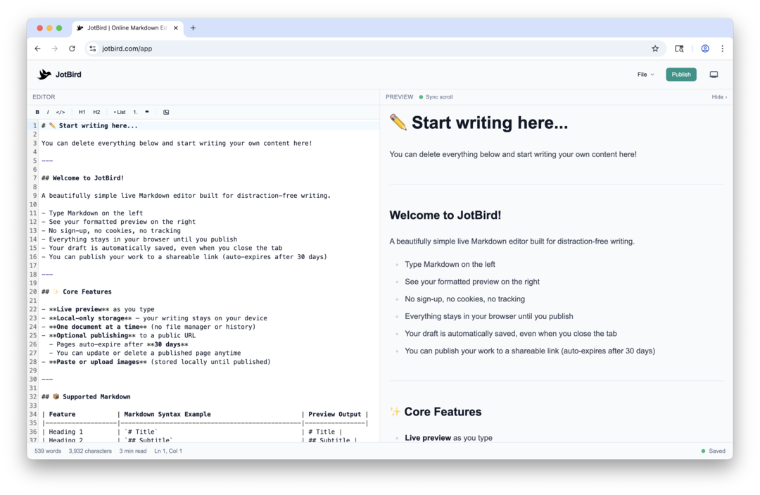 The JotBird Markdown editor